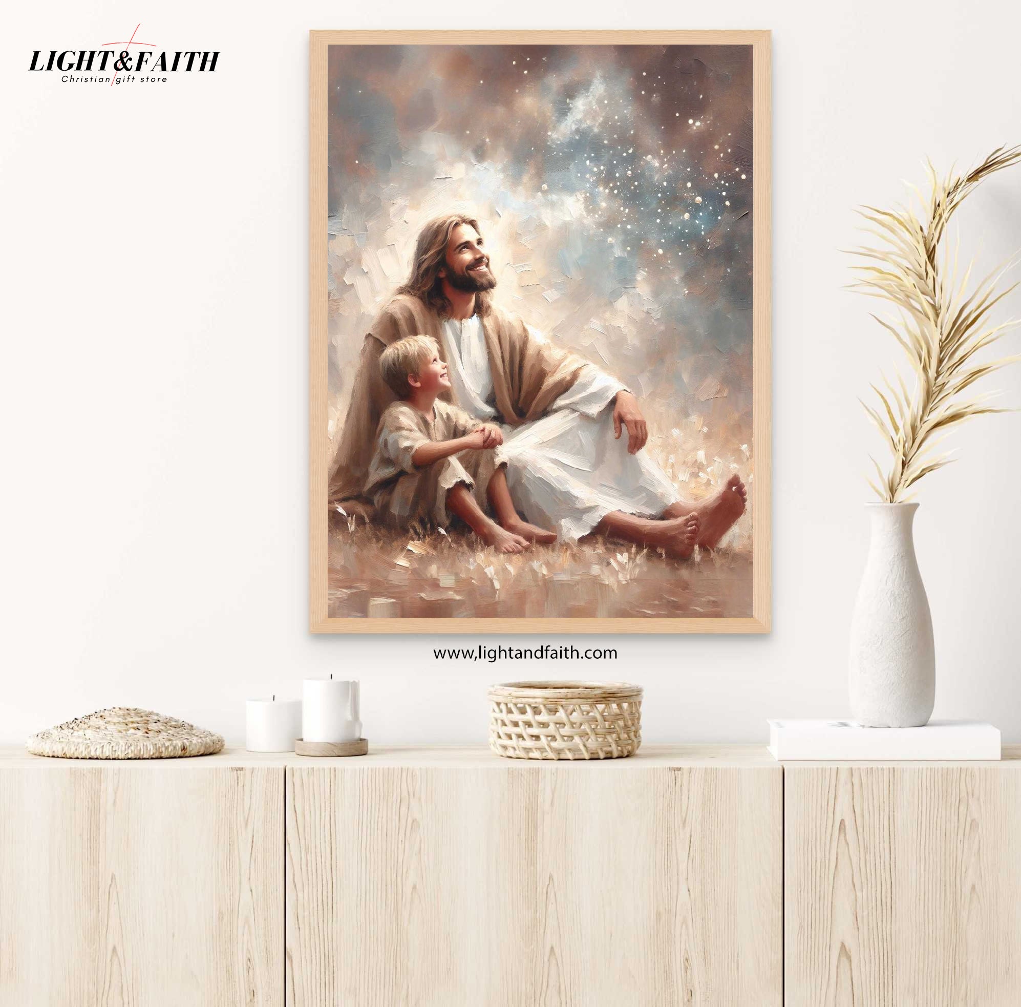 Magic in the Sky Poster, Jesus and Boy Poster, Christian Art for Kids, Jesus with Children Art, Bible Art Poster